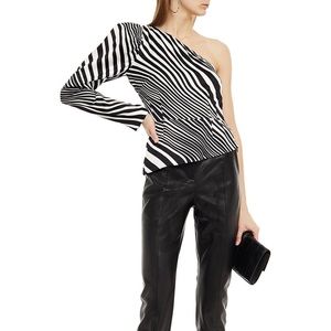 DE LA VALI
Alabama one-sleeve striped satin peplum top